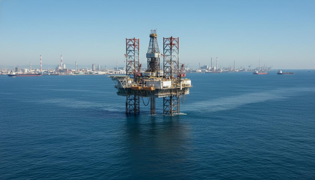 В Японии одобрено бурение для проекта по захоронению углекислого газа Самоподъемная буровая установка в открытом море у берегов Японии на фоне чистого неба