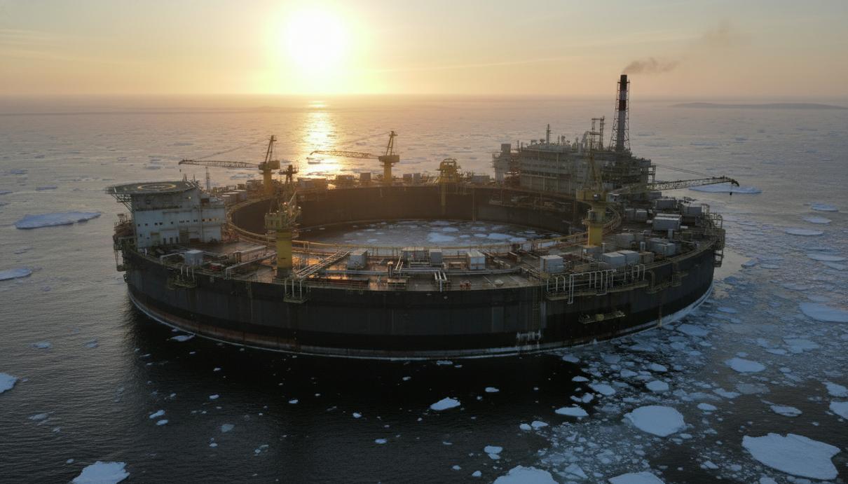 Vår Energi продлит срок эксплуатации месторождения Голиат до 2050 года Круглая плавучая нефтедобывающая платформа в арктических водах Баренцева моря в лучах низкого солнца.