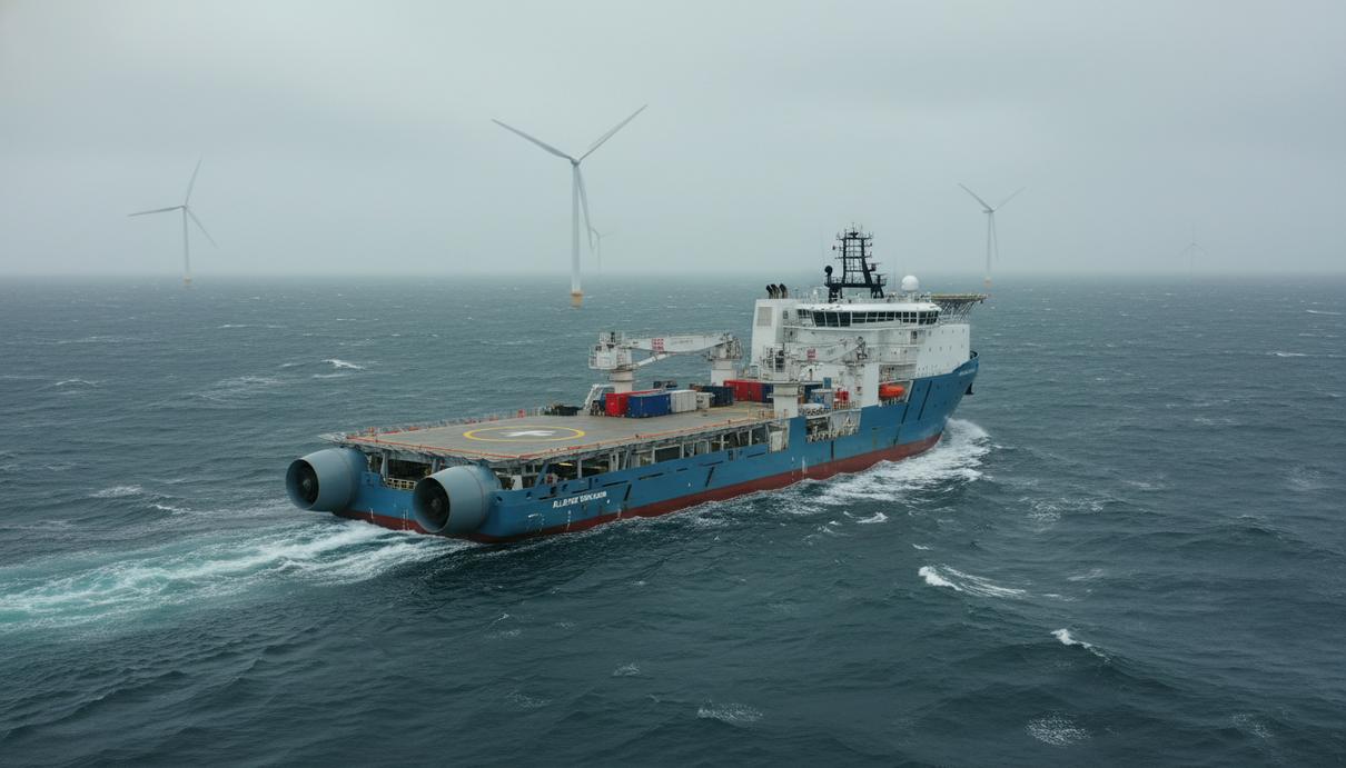 LD TravOcean приобретает судно SIDDIS Mariner для работы на офшорных ветропарках Многоцелевое вспомогательное судно в открытом море на фоне морского ветропарка
