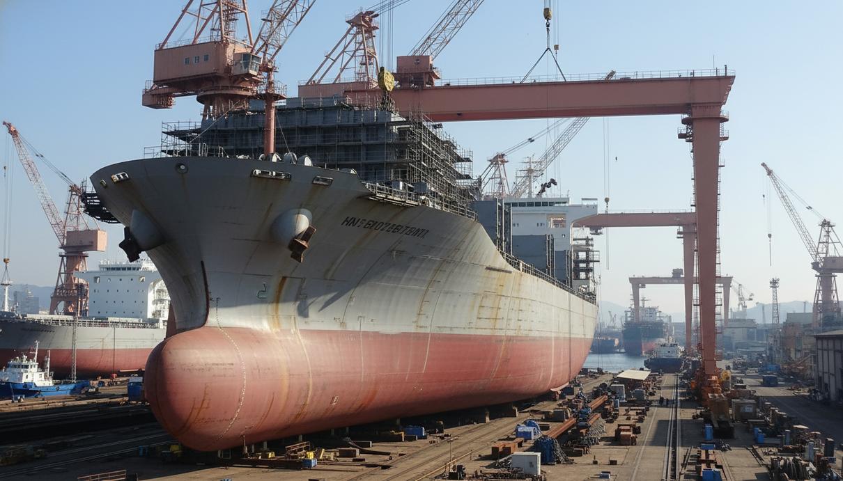 Pacific Basin Shipping отложила заказ судов на альтернативном топливе Грузовой балкер в сухом доке судостроительного завода на фоне портовых кранов и металлоконструкций
