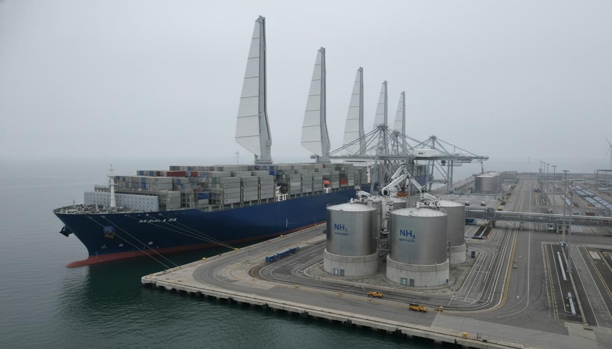 Крупный контейнеровоз с ветровыми установками на палубе стоит у причала промышленного порта.