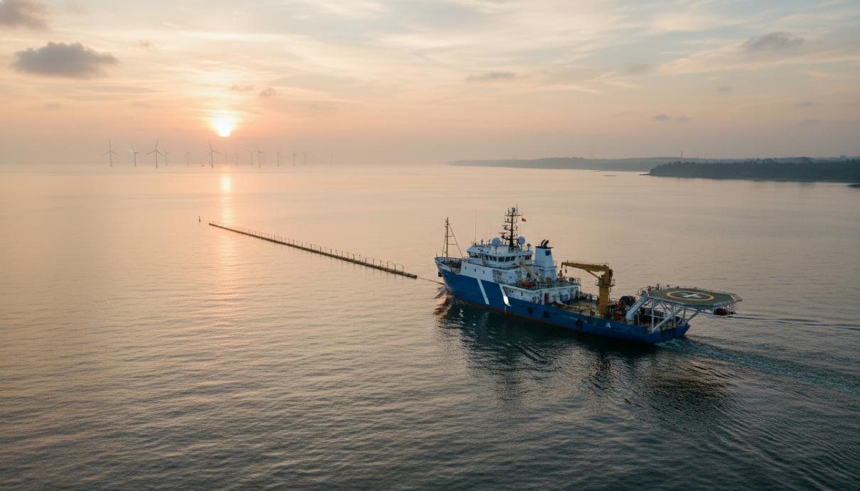 Специализированное исследовательское судно в море на фоне морских ветрогенераторов и рассветного неба