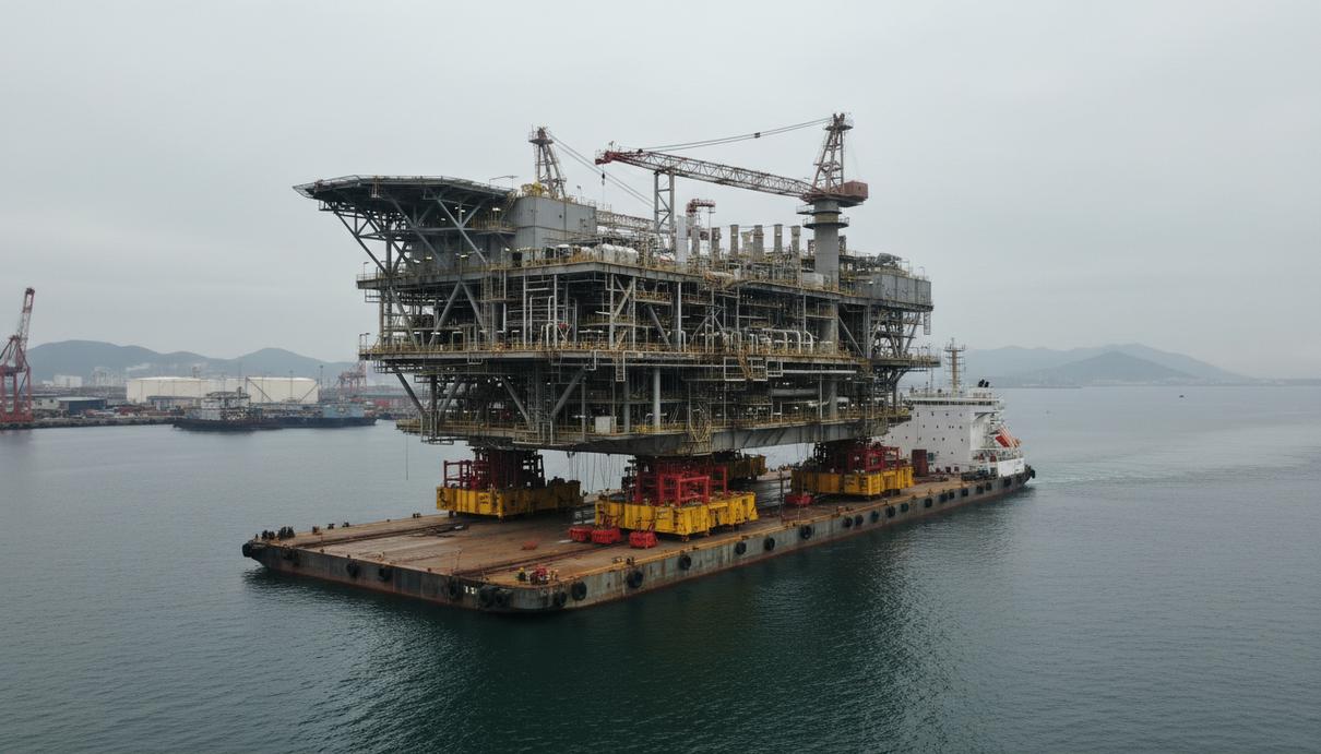 Массивная стальная конструкция нефтяной платформы на транспортной барже в промышленном порту