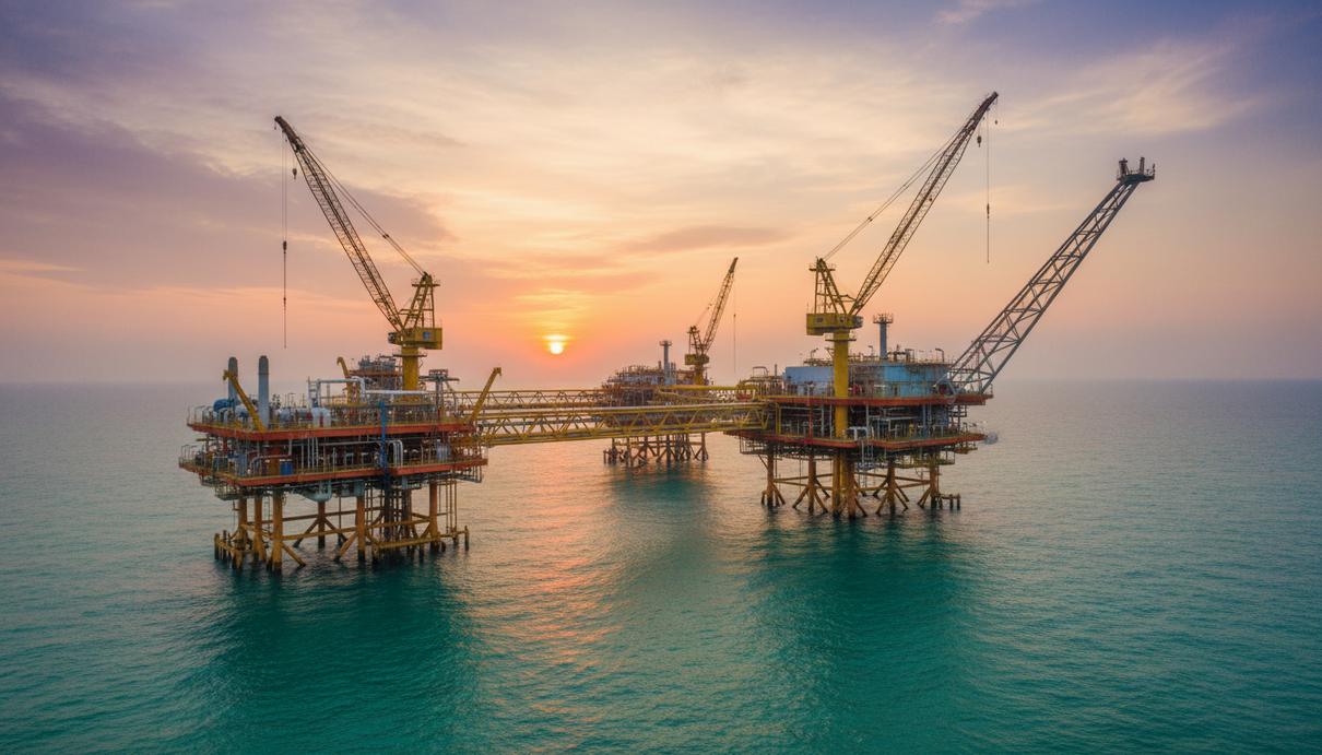 Газовая платформа на морском шельфе у побережья Вьетнама в лучах заката