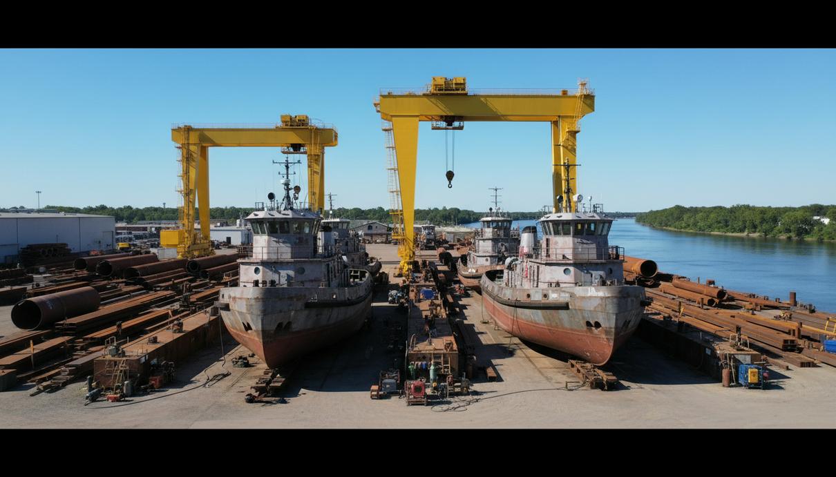 Процесс строительства стальных корпусов морских буксиров на судостроительной верфи в Луизиане