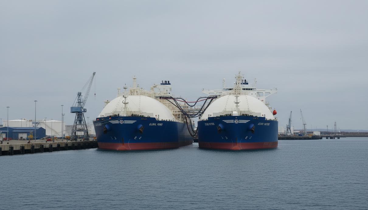 Два танкера для перевозки сжиженного природного газа в порту во время перевалки груза борт в борт