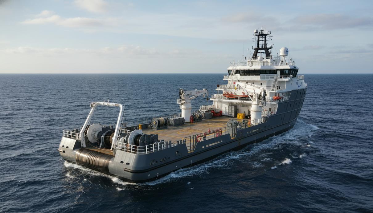 Промышленное судно снабжения морских платформ с инверсивным носом в открытом море