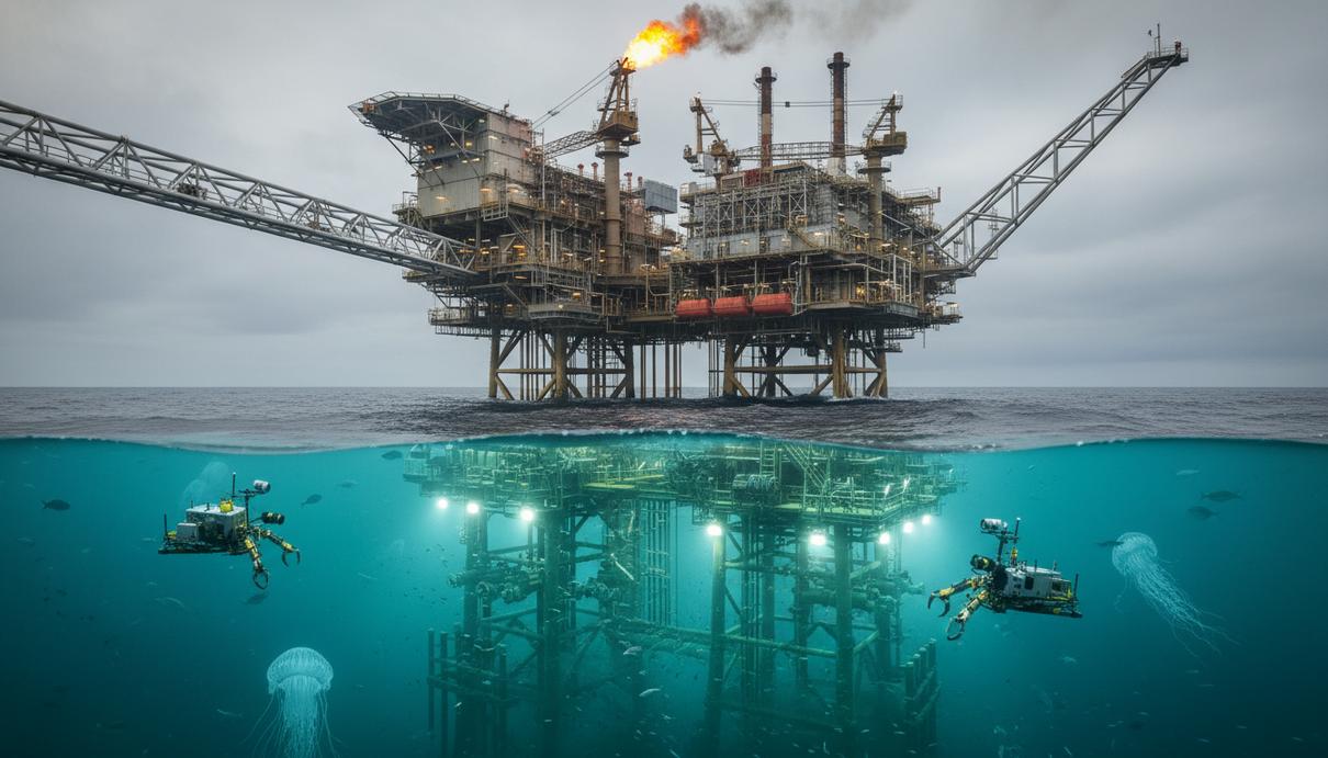 Морская нефтедобывающая платформа и элементы подводных скважин в открытом море