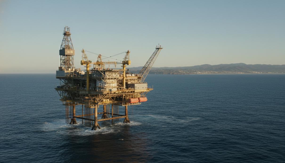 Морская стационарная платформа Gilda в Тихом океане на фоне горизонта и береговой линии Калифорнии.