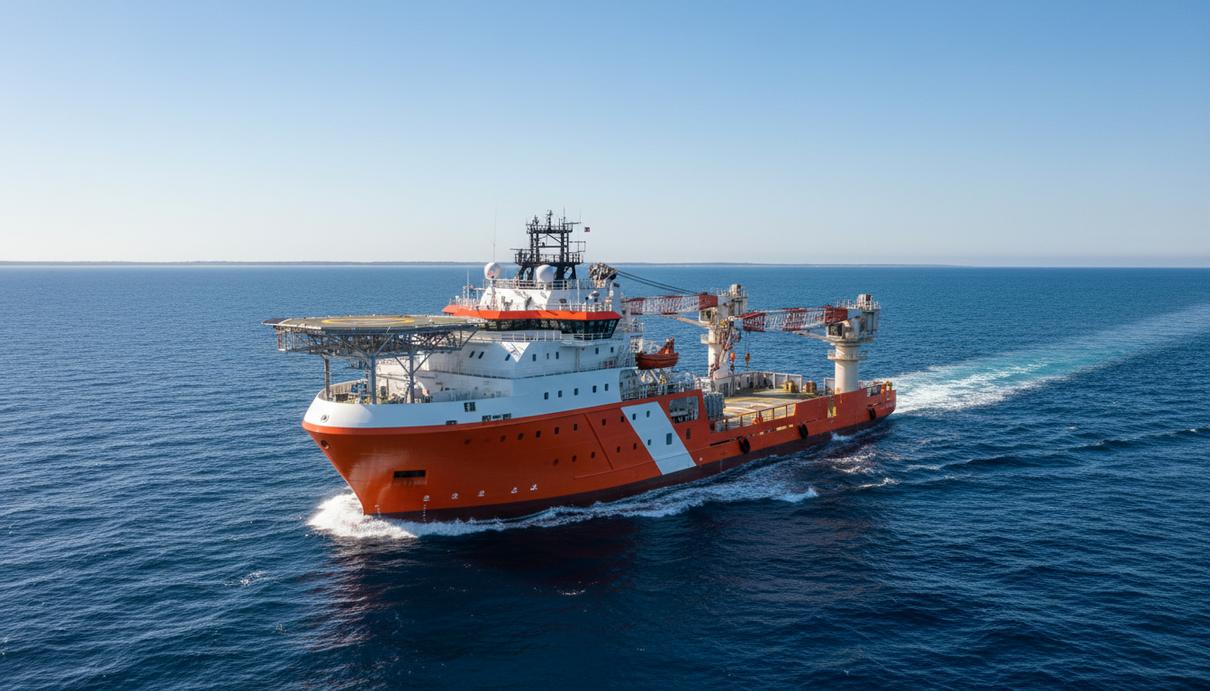 Специализированное техническое судно оранжевого цвета с необычной формой носа в открытом море