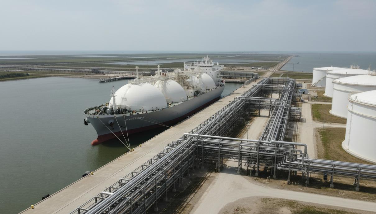 Танкер-газовоз пришвартован к причалу экспортного терминала с промышленными резервуарами в Техасе.
