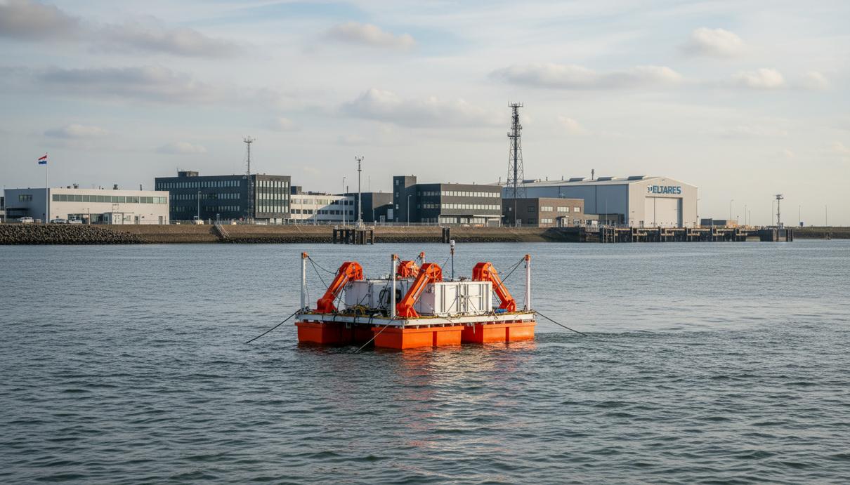 Компактный волновой энергогенератор на поверхности моря в испытательном центре в Нидерландах