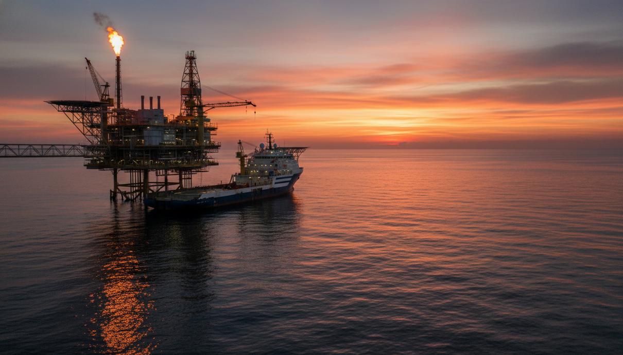 Нефтяная платформа и судно снабжения в море у берегов Бразилии