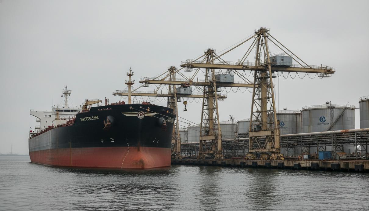 Крупный нефтяной танкер в промышленном порту на фоне грузовых кранов и терминалов.