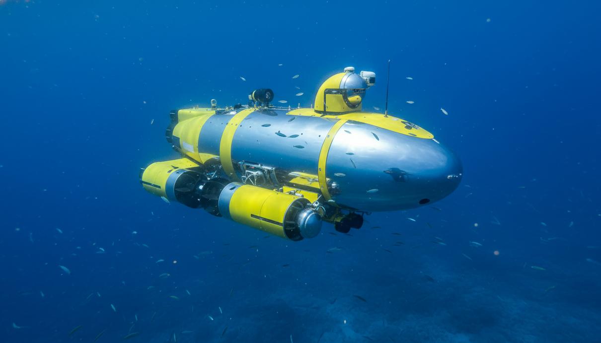 Желтый автономный подводный аппарат движется в темно-синей толще океанской воды