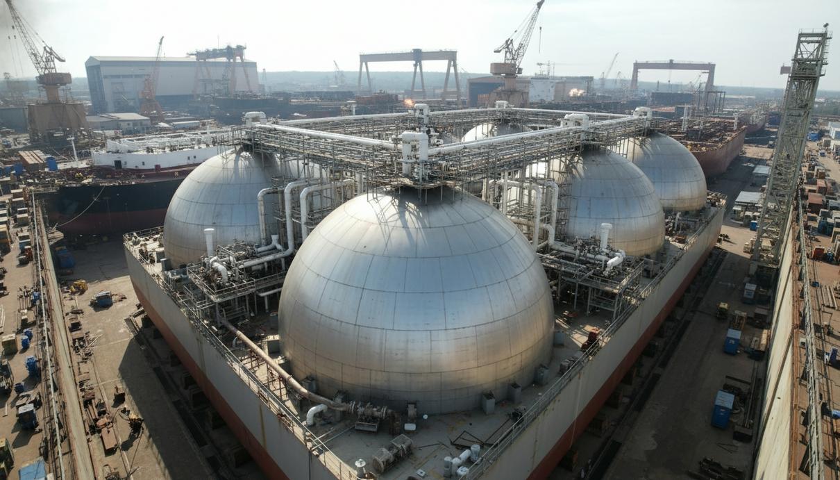 Строящийся на верфи газовоз с массивными резервуарами и сложной системой трубопроводов на палубе