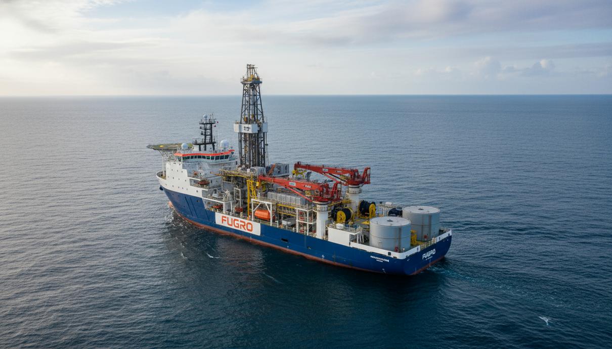 Специализированное исследовательское судно с буровой установкой в открытом море у берегов Шотландии