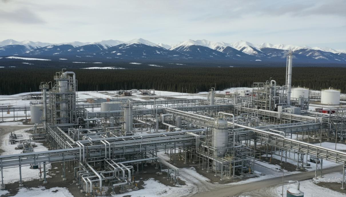 Промышленный газовый завод на фоне хвойного леса и заснеженных гор в Канаде