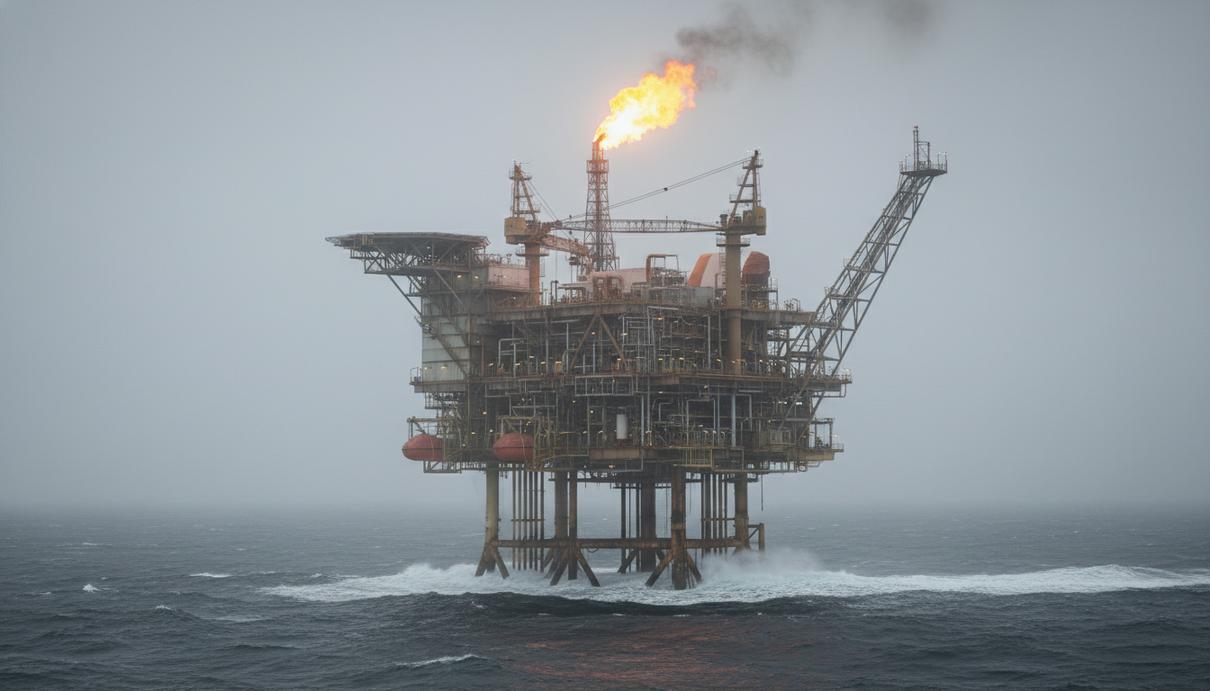 Промышленная нефтедобывающая платформа в открытом море на фоне пасмурного неба и волн