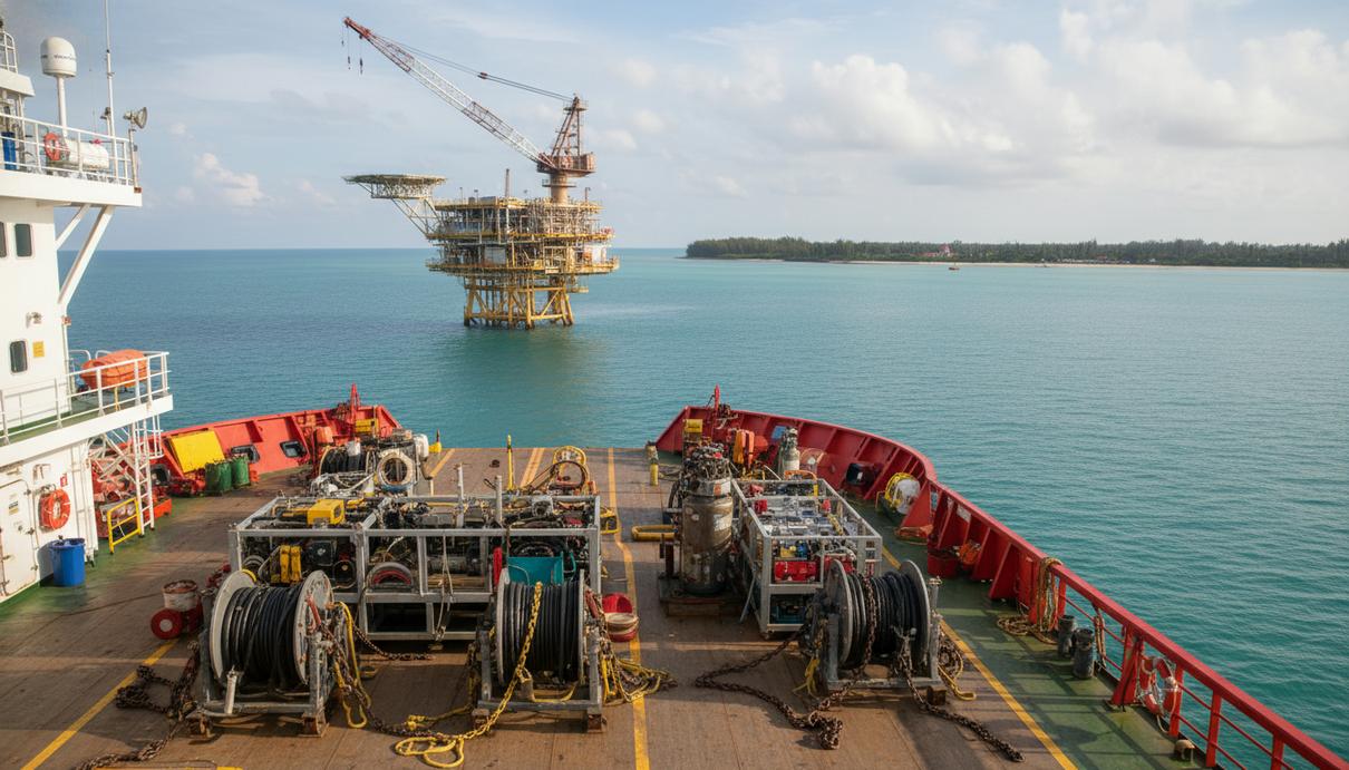 Судно обеспечения и оборудование для подводных работ на фоне морского горизонта у берегов Брунея