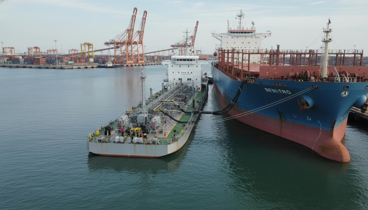 Специализированное судно-заправщик передает топливо на крупнотоннажный сухогруз в промышленном порту