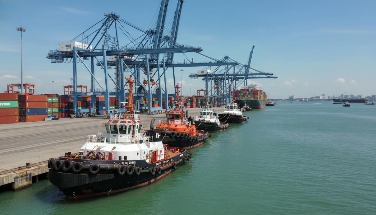 Промышленные буксиры у причала в порту Сингапура на фоне портовых кранов и контейнеров