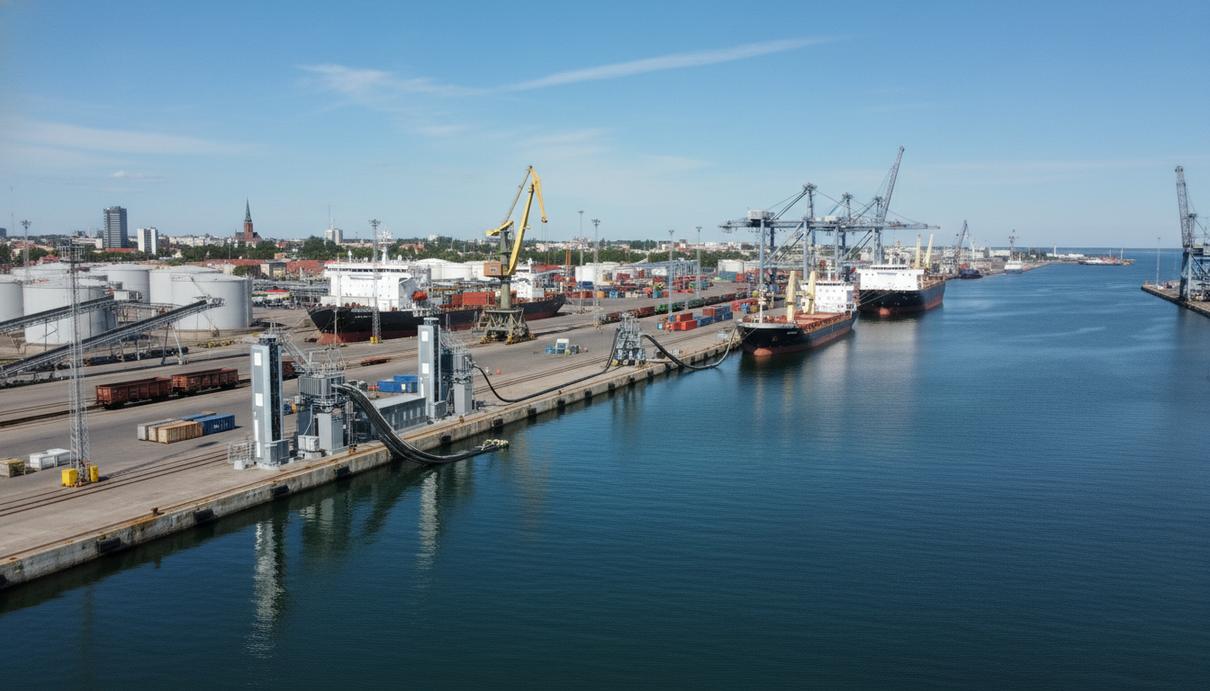 Причалы порта в Клайпеде с промышленным оборудованием для электроснабжения судов и грузовыми судами.