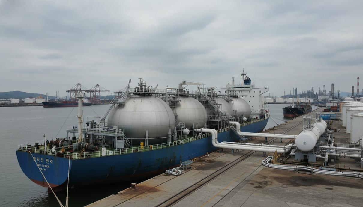 Крупнотоннажный газовоз у причала в промышленном порту Ульсана с системой трубопроводов для заправки