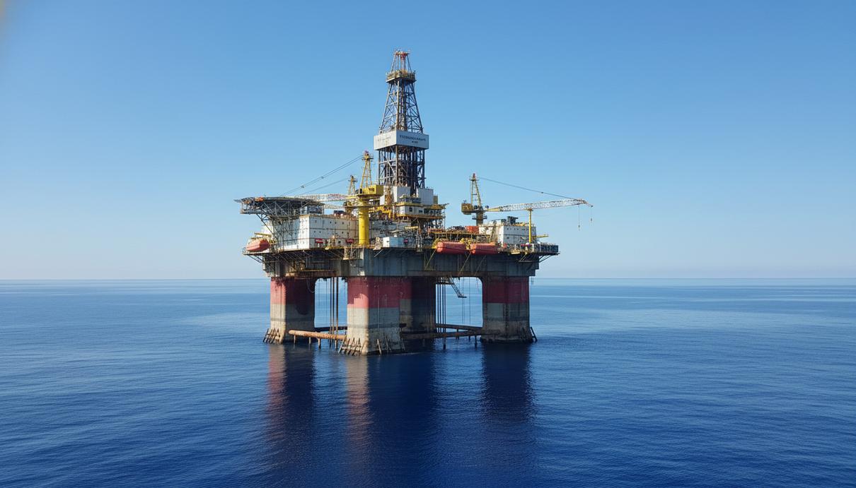 Полупогружная буровая установка в открытом море на фоне неба и воды