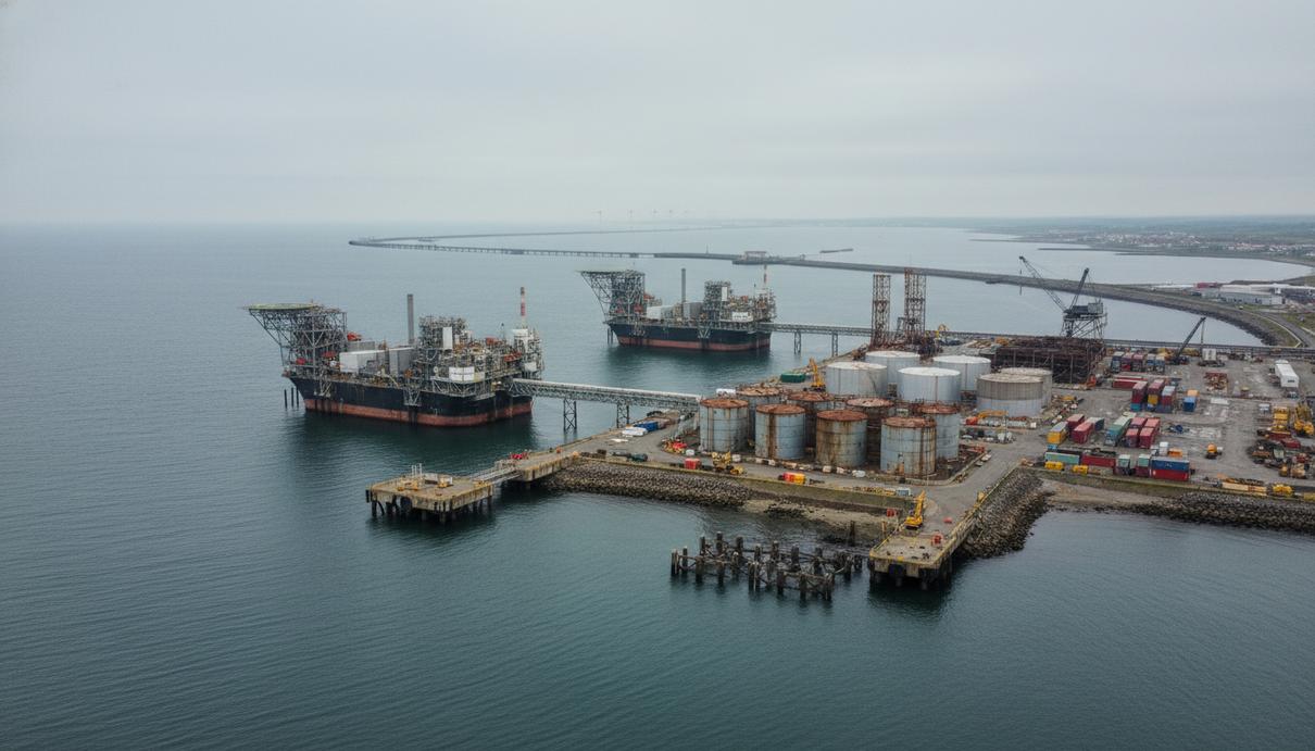 Промышленный объект энергетической инфраструктуры на побережье Ирландского моря в туманную погоду.