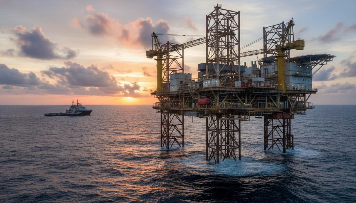 Морская нефтедобывающая платформа с кранами и вспомогательным судном в океане на закате.