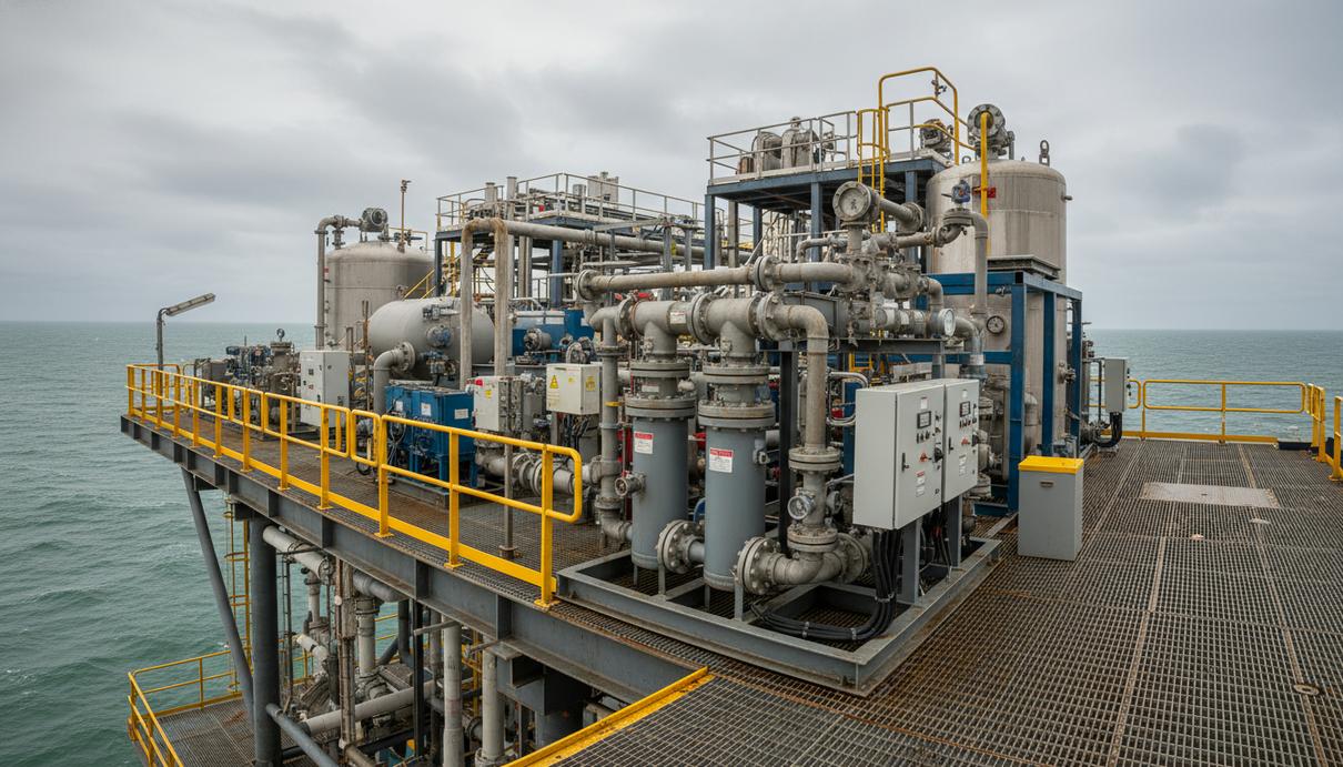 Промышленное оборудование для очистки технологических жидкостей на палубе морской добывающей платформы.