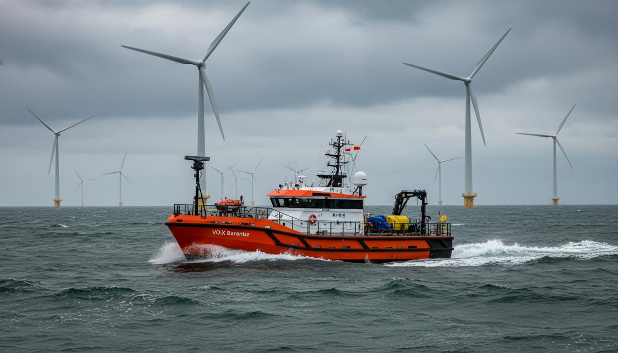 Оранжевое безэкипажное судно VO:X Barentsz в море на фоне офшорных ветрогенераторов