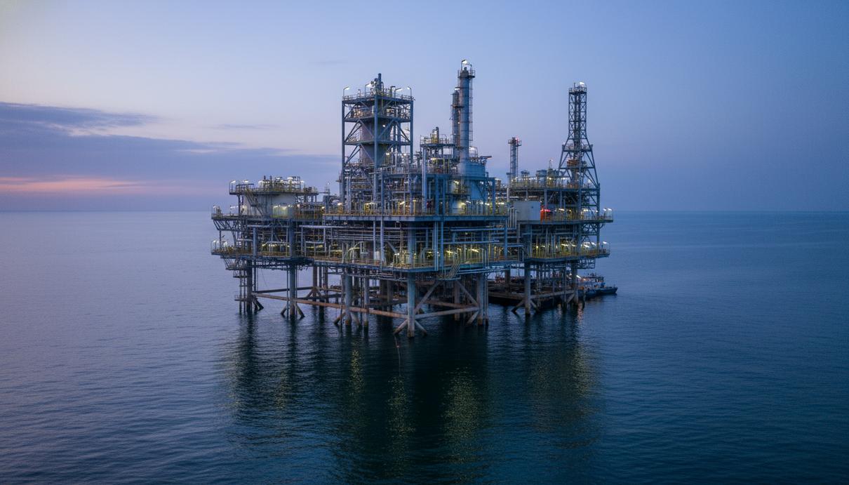 Промышленная морская платформа для сжижения природного газа в прибрежной зоне на закате.