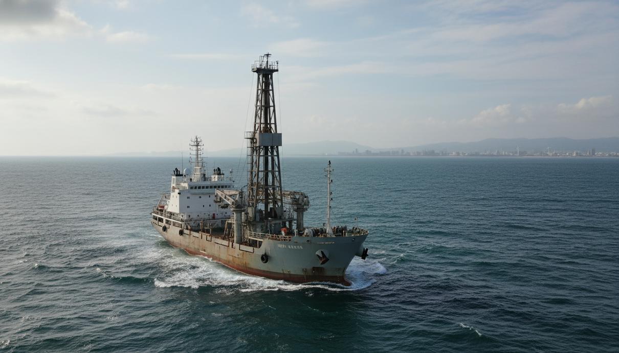 Буровое судно для геотехнических изысканий на шельфе в месте строительства ветроэлектростанции