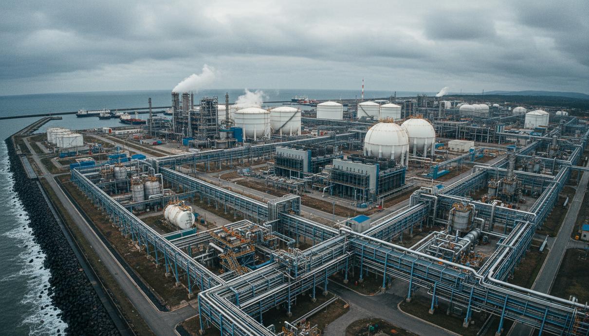 Промышленные установки терминала сжиженного природного газа с сетью трубопроводов и теплообменников на фоне неба