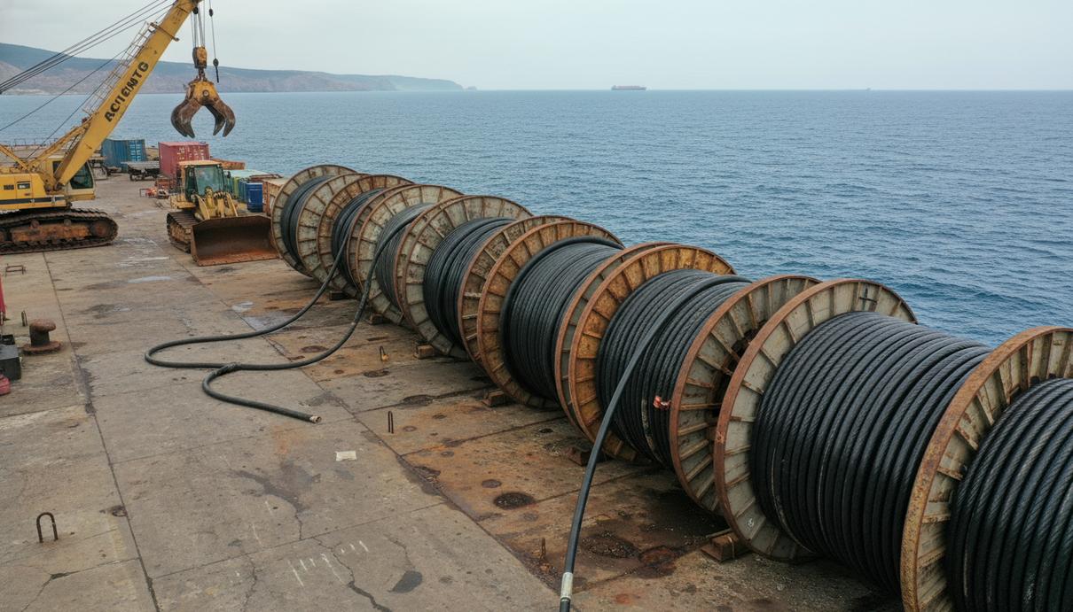 Промышленные стальные барабаны с намотанным подводным кабелем на бетонном причале у моря.