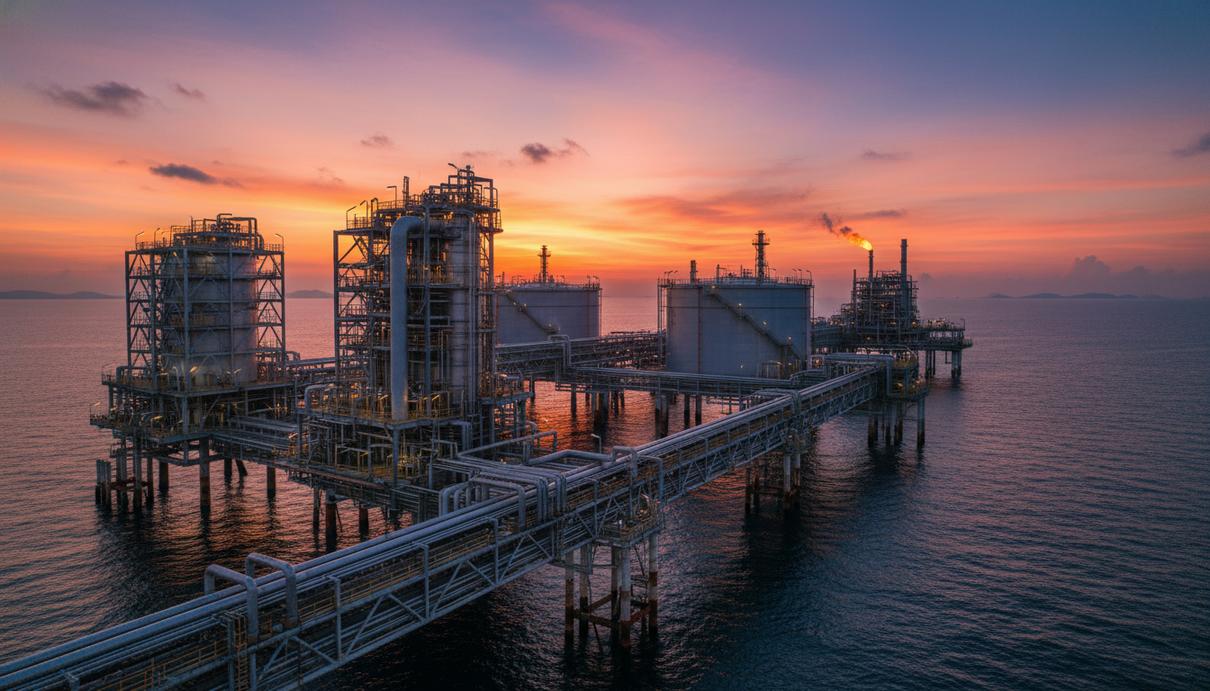 Индустриальный пейзаж завода по сжижению природного газа на побережье Малайзии.