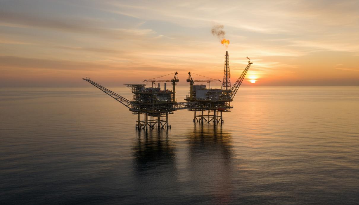 Морская газодобывающая платформа в открытом океане на фоне заката.
