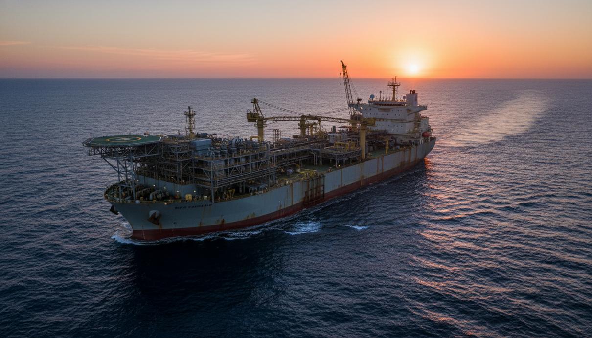 Крупная плавучая установка для добычи нефти и газа в открытом океане на фоне заката.
