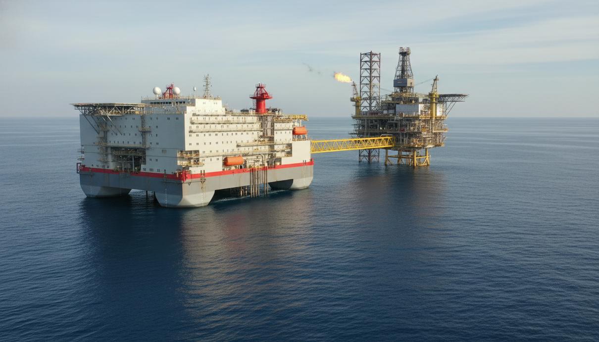 Полупогружная жилая платформа со стыковочным мостом в море рядом с морской буровой установкой