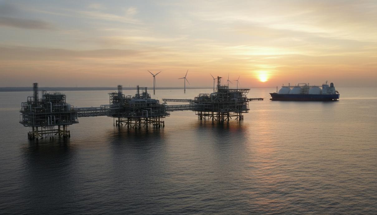 Морской терминал для приема сжиженного природного газа и грузовое судно на фоне ветрогенераторов