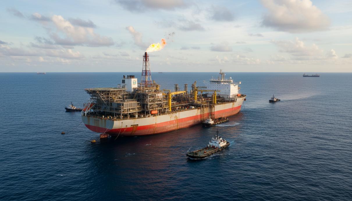 Крупнотоннажная плавучая установка для добычи нефти и газа в открытом море бассейна Сантус.