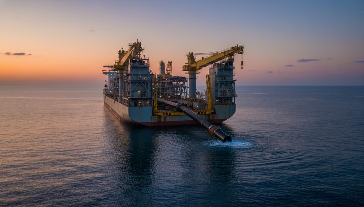 Специализированное трубоукладочное судно в море в процессе монтажа газовой магистрали