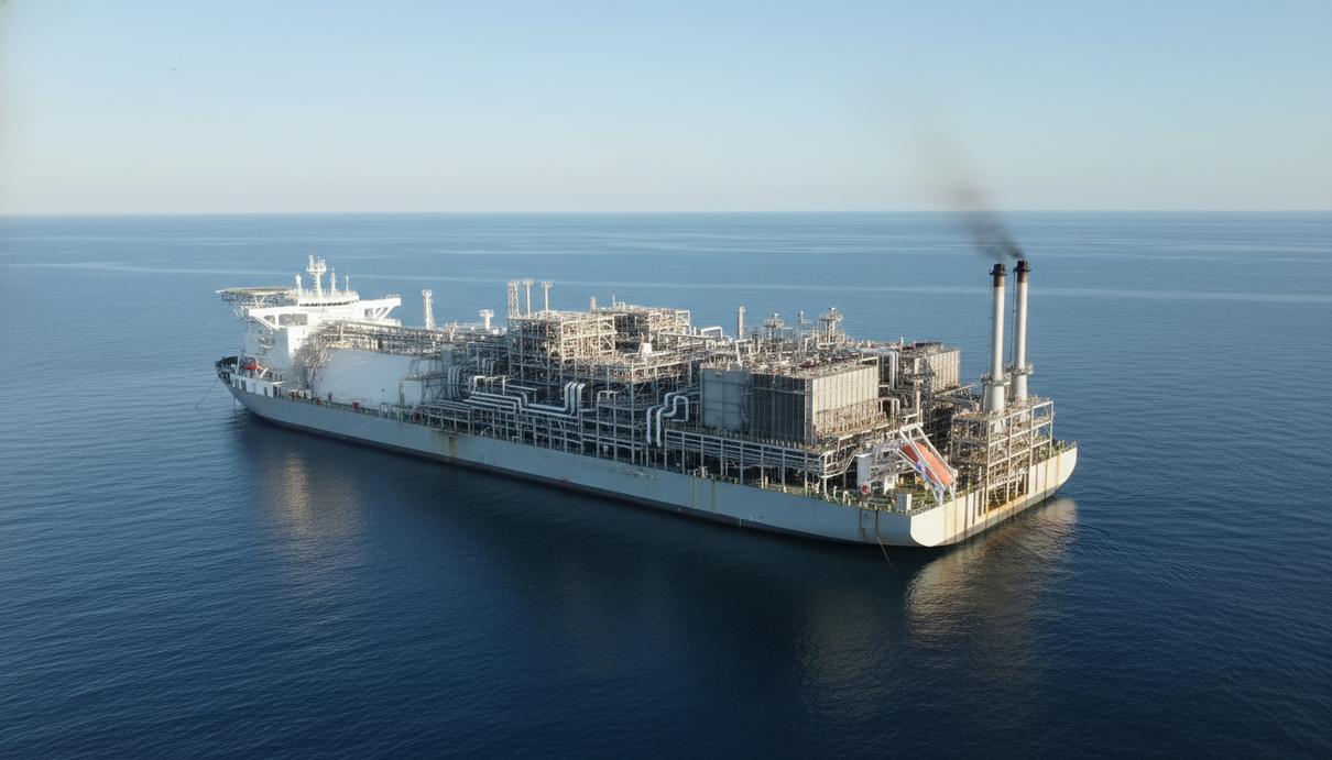 Плавучий завод по сжижению природного газа на якорной стоянке в открытом море.