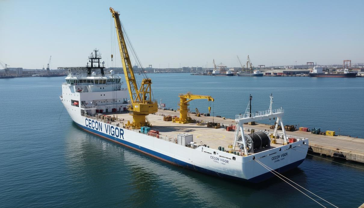 Белое кабельное судно «Cecon Vigor» с желтым краном на палубе у причала судостроительной верфи.