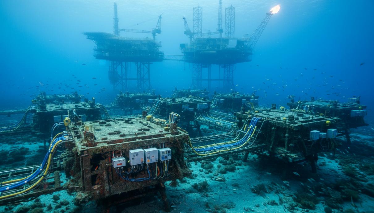 Подводные добычные комплексы и трубопроводы на морском дне рядом с нефтегазовой платформой