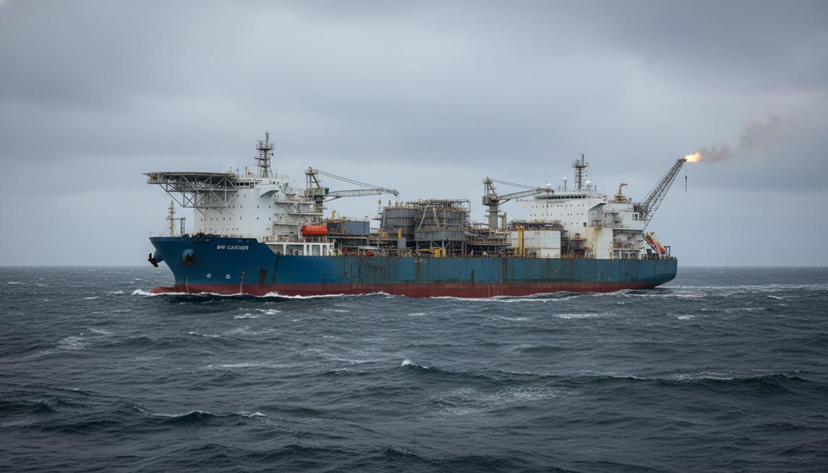 Плавучая установка для добычи и хранения нефти BW Catcher в открытом море на фоне пасмурного неба