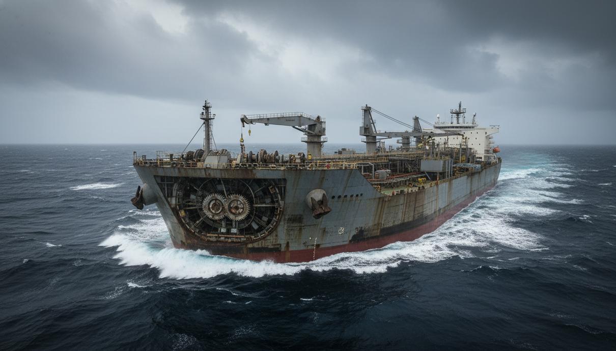 Lloyd’s Register одобрил проект FPSO компании Wison для суровых условий Крупное морское судно для добычи нефти и газа на стоянке в неспокойном океане под пасмурным небом