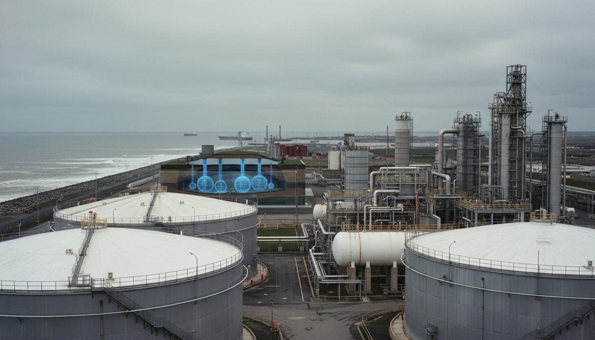 Промышленная площадка в порту Барроу с резервуарами для хранения газа на фоне побережья